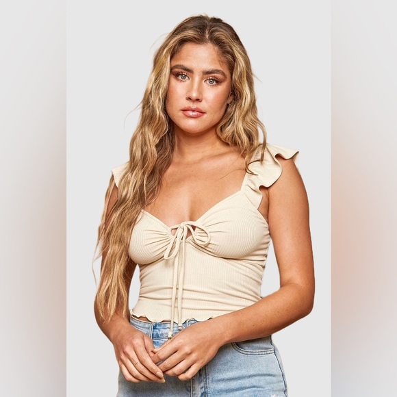 Sweetheart Ruffle Front Tie Crop Blouse - Picture 1 of 13